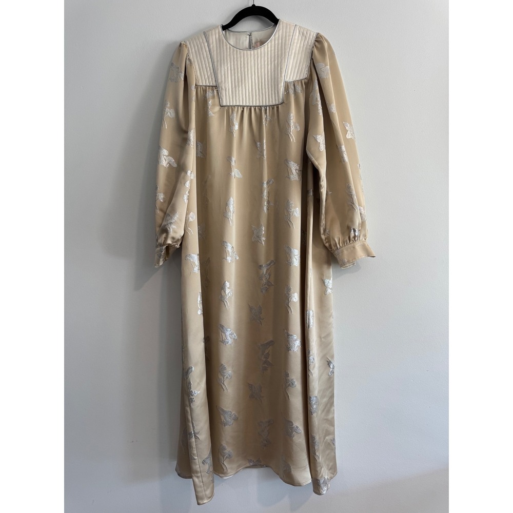 Tory Burch Mushroom Lurex Satin Gown Womens M Champagne Jacquard dress luxury - Picture 4 of 13